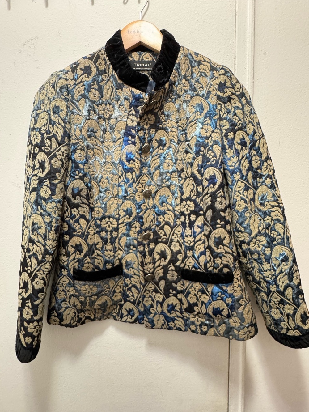 Vintage 90s Tribal Jacket Size 4 Blue Black Floral Velvet Trim Silver Button